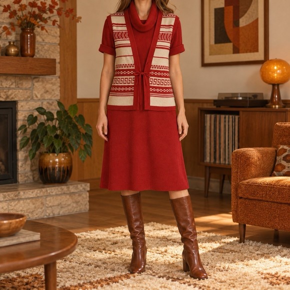 Stage 7 Pants - Vintage 70s Stage 7 Red Knit Dress Vest Set Mod Geometric USA Made Women's